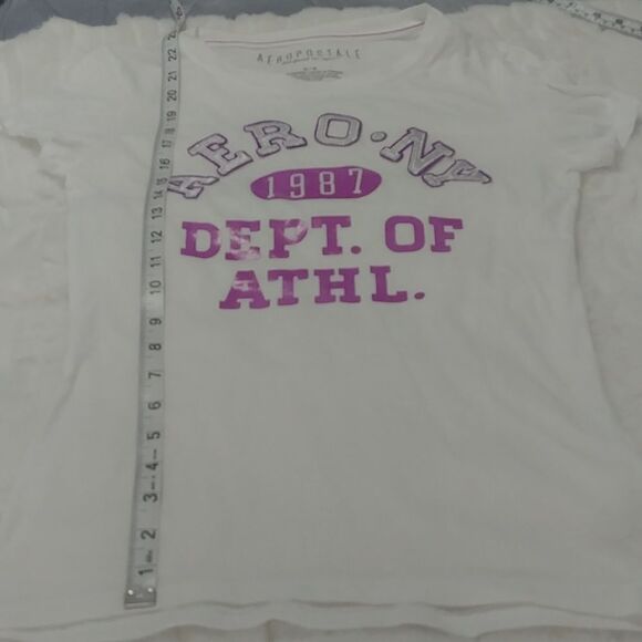 Aeropostale White Crew Neck Cap Sleeve Top with Purple/Silver lettering M - Picture 5 of 9